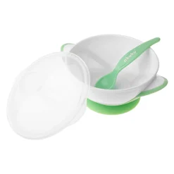 AKUKU Miseczka z przyssawką pokrywką + łyżeczka 300ml - Biało Zielona