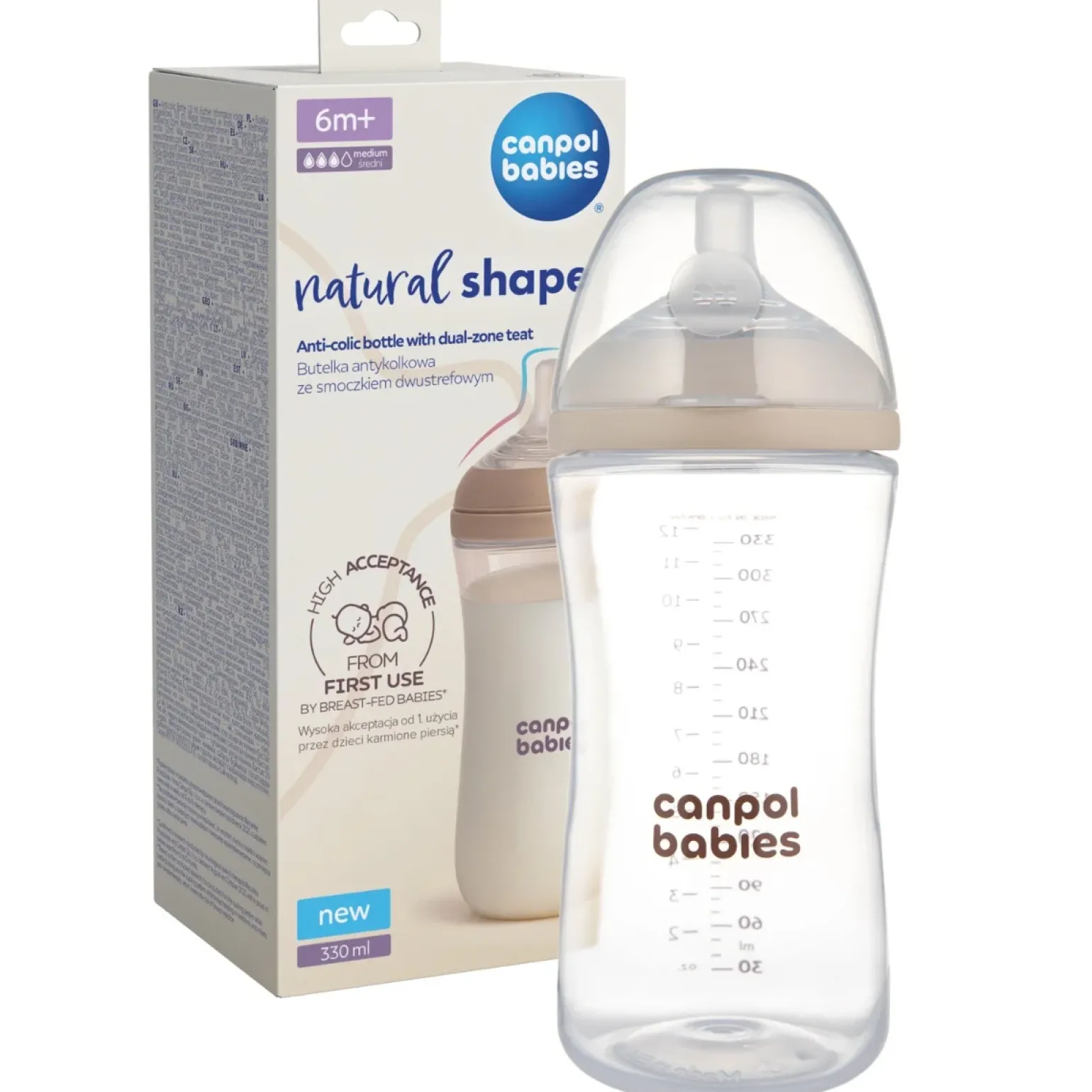 Canpol babies Butelka Natural Shape ze smoczkiem dwustrefowym 330ml