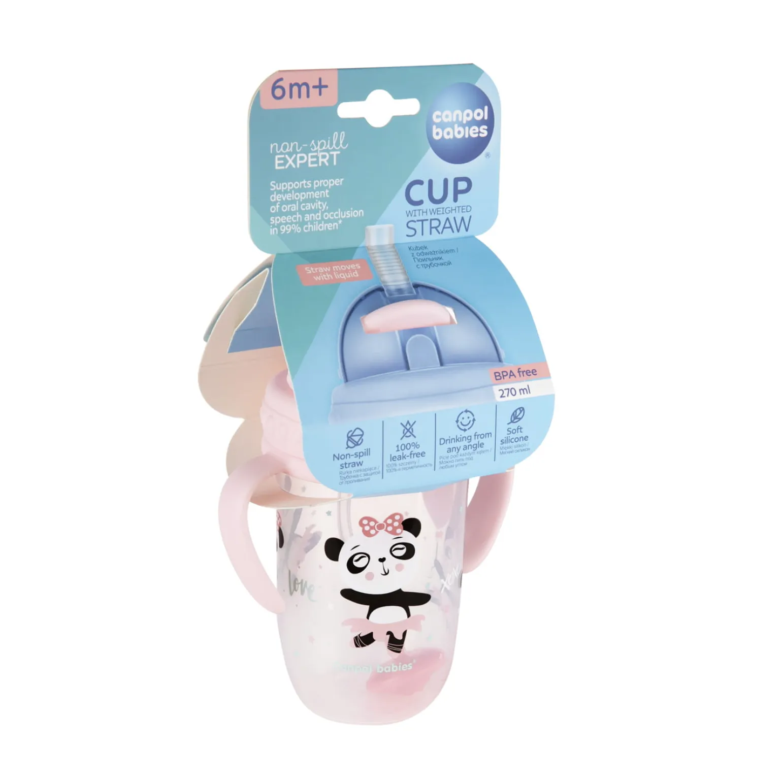 Canpol babies Kubek niekapek z rurką i odważnikiem 270ml Pudrowy Róż