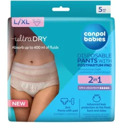 CANPOL babies Oddychające i ultrachłonne jednorazowe majtki 2w1 z podkładem poporodowym L/XL, 5 szt.