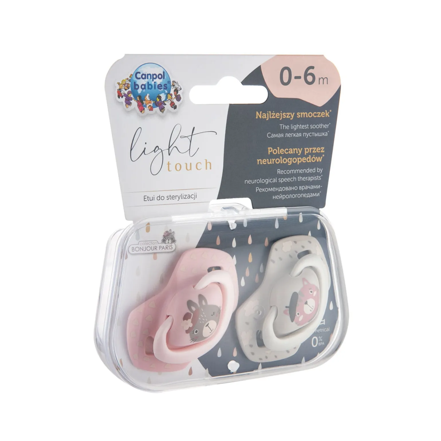 Canpol babies Smoczek silikonowy 0-6m symetryczny BONJOUR PARIS PINK 2szt.