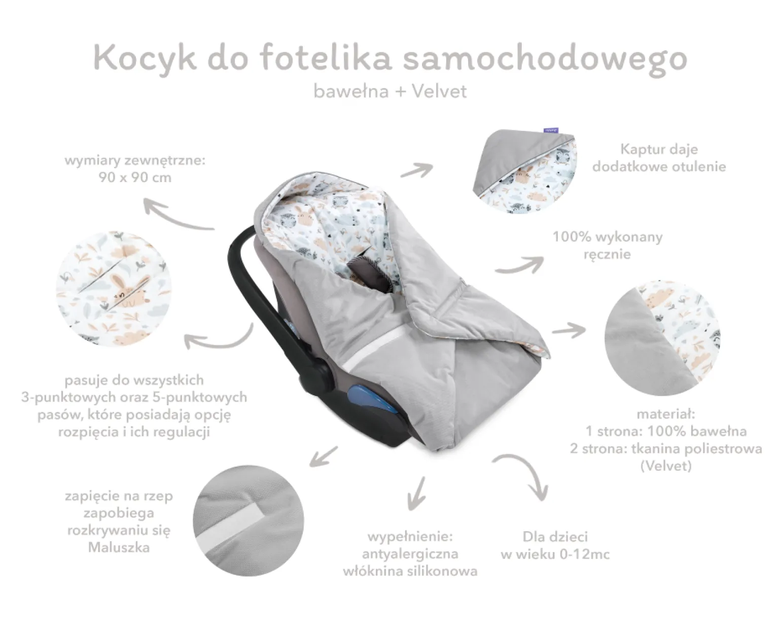Kocyk, otulacz z kapturem do fotelika niemowlęcego z Boucle i Minky Plusz 90 x 90 cm - Grey
