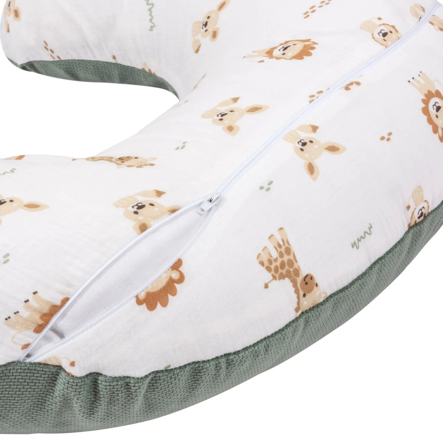 Muślinowa Poduszka rogal + zdejmowana poszewka - Baby Safari i oliwkowy Velvet