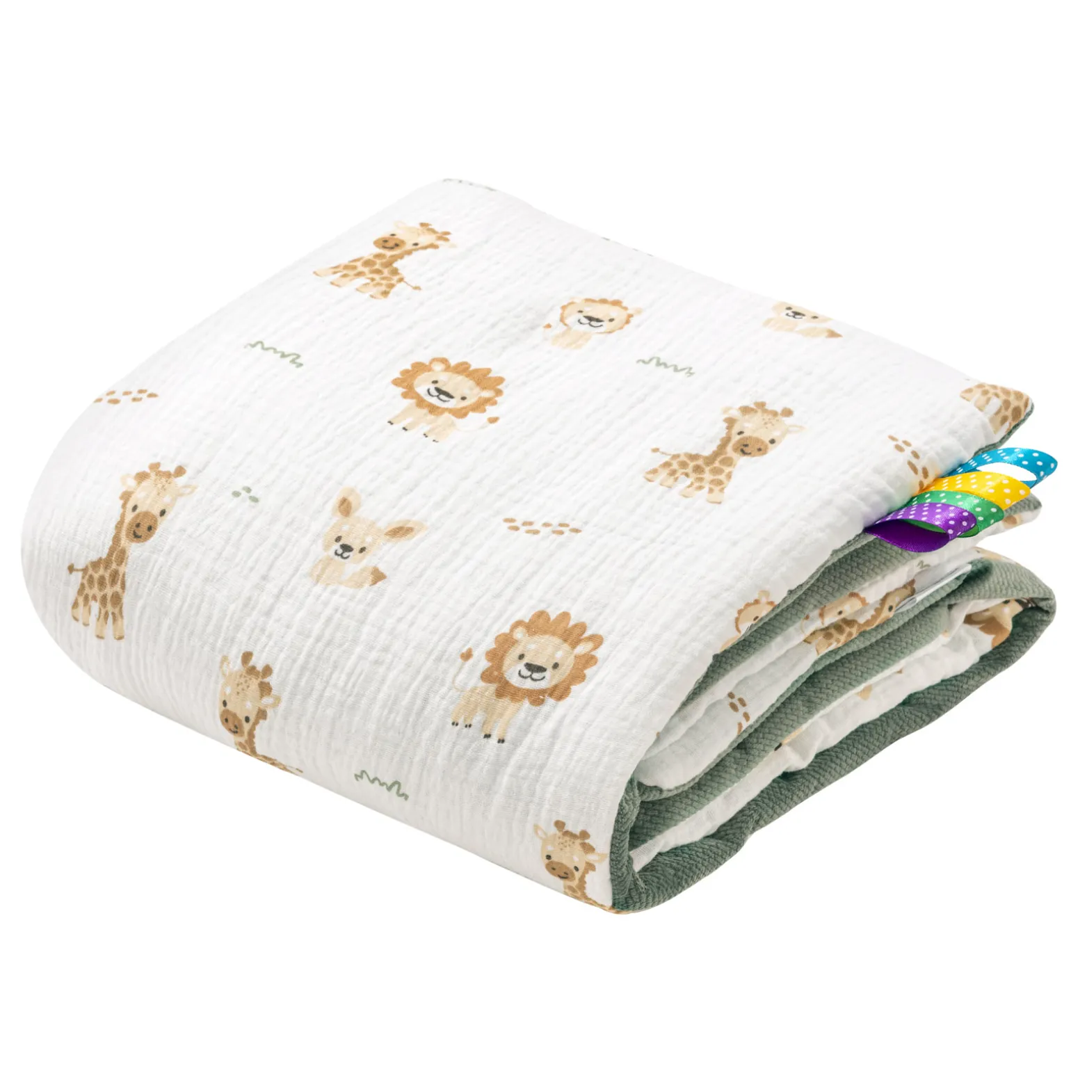 Muślinowy Kocyk niemowlęcy 55x75cm - Baby Safari i oliwkowy Velvet
