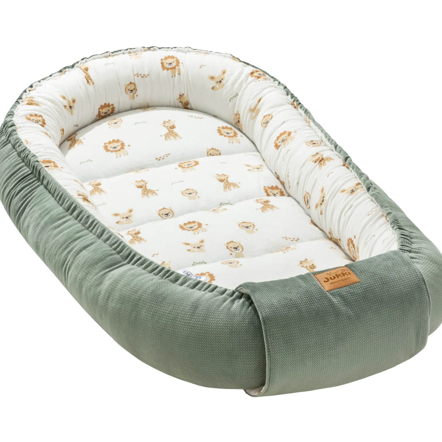 Muślinowy Kokon XXL 65 x 120 cm - Baby Safari i oliwkowy Velvet