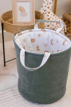 Muślinowy Kosz na zabawki, dwustronny - Baby Safari i oliwkowy Velvet