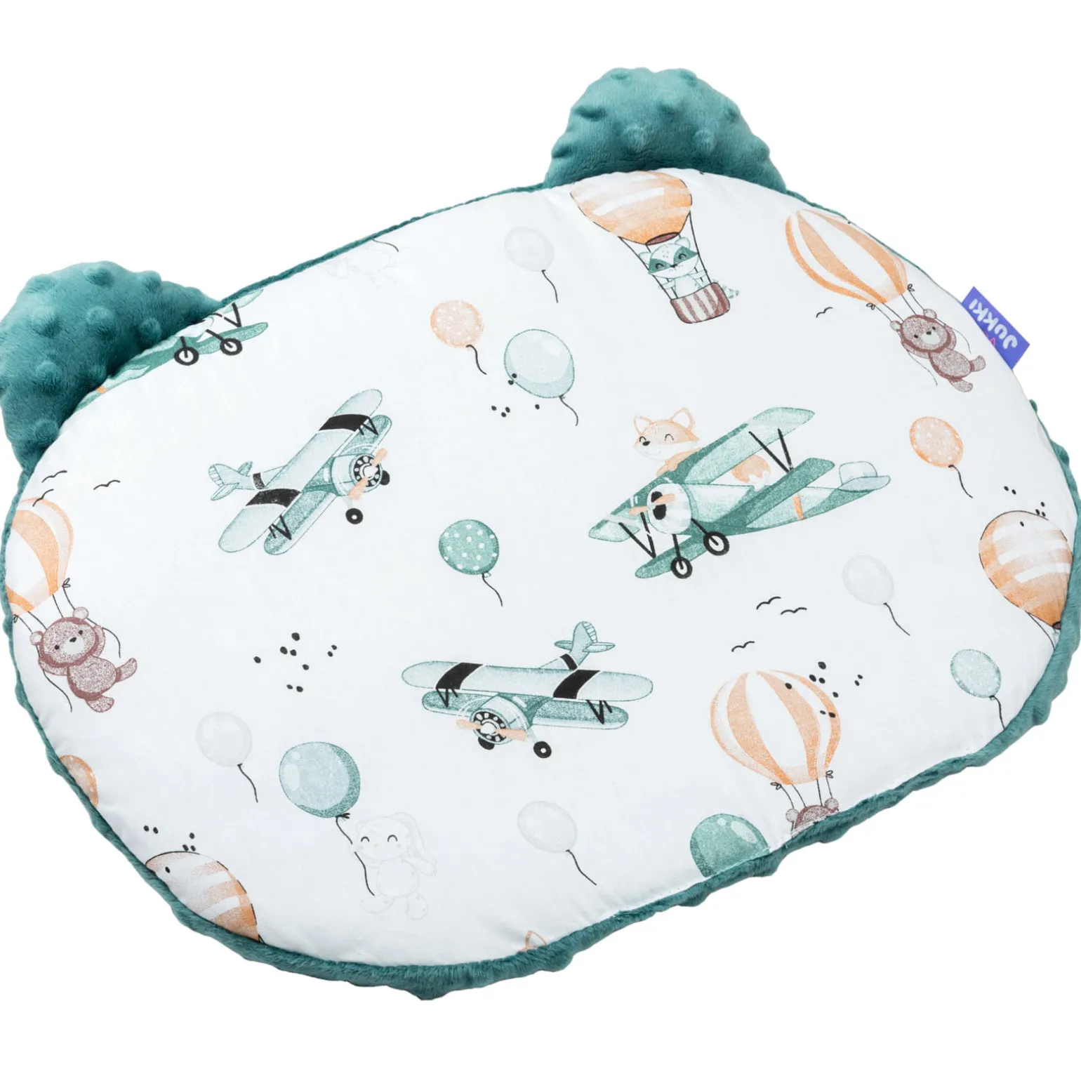 Poduszka MIŚ - Balloon Travel i szmaragdowe Minky