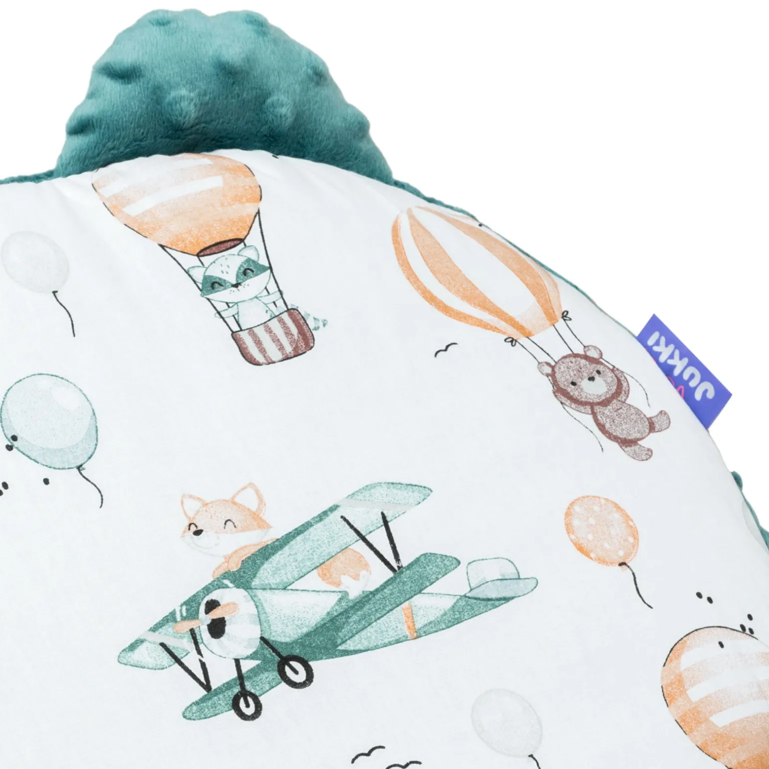 Poduszka MIŚ - Balloon Travel i szmaragdowe Minky