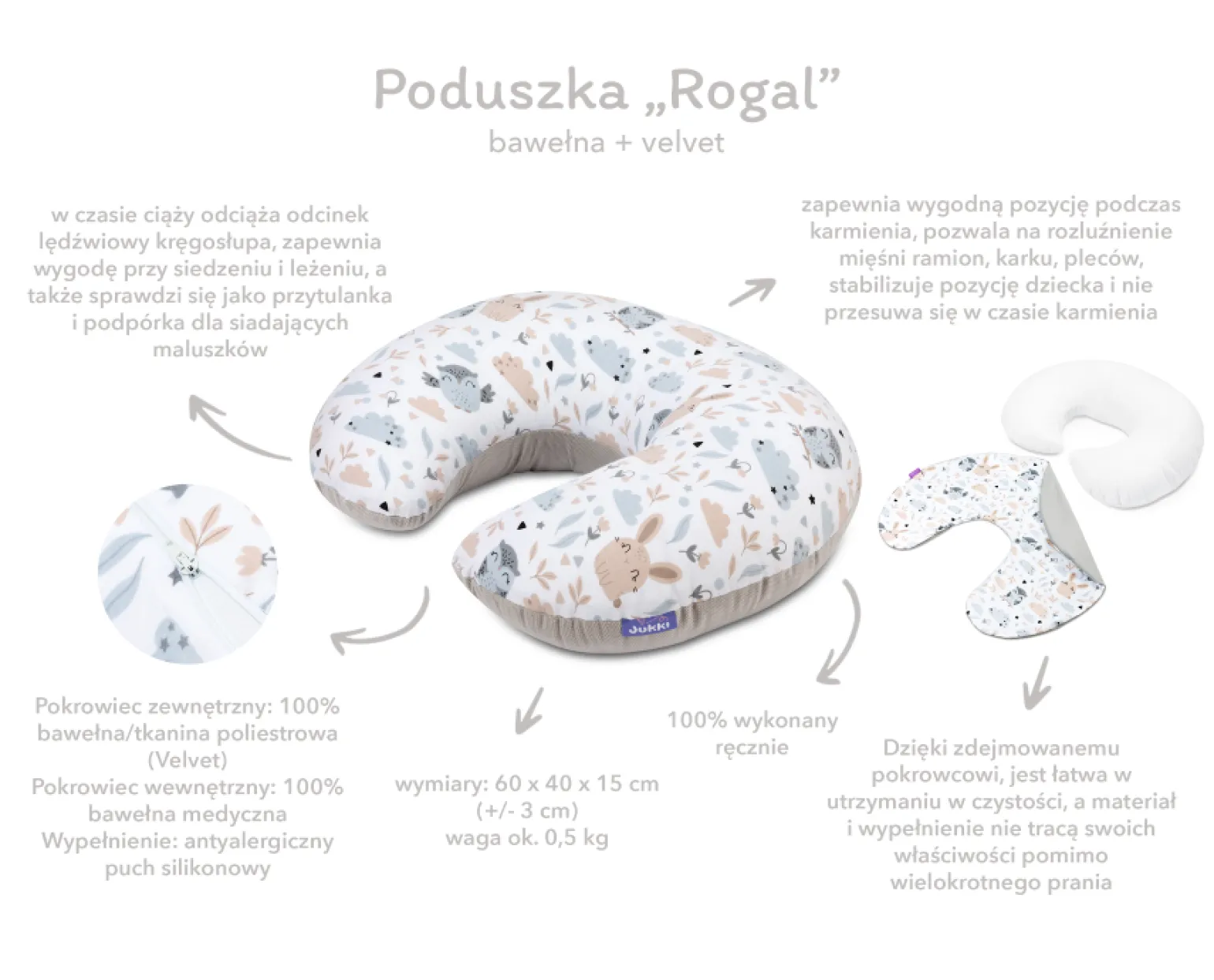 Poduszka rogal + zdejmowana poszewka - Boho Garden i ecru Velvet